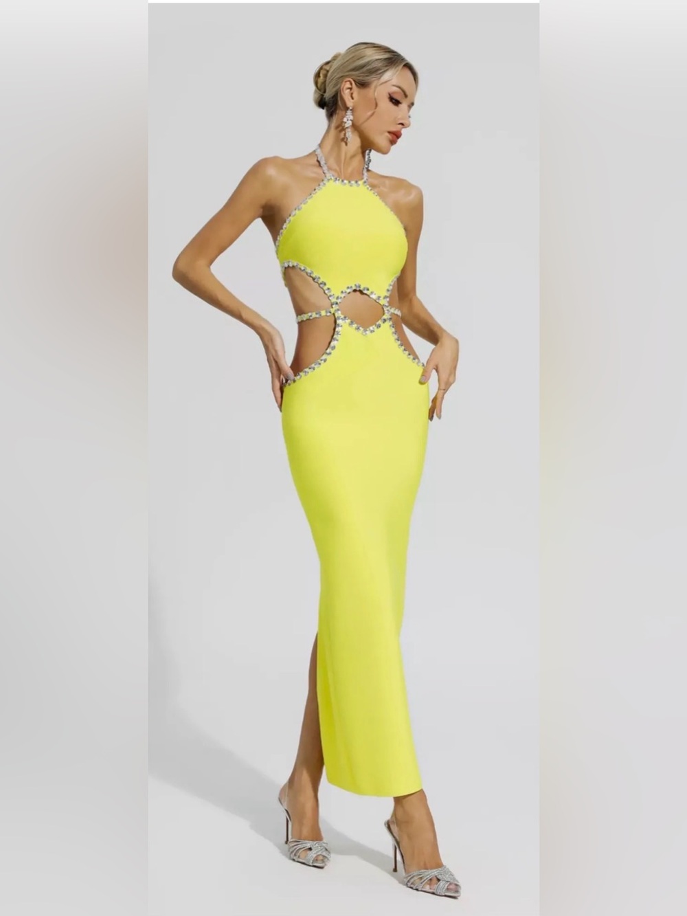 Catchall Lemon Yellow Crystal Trim Cut Out Halter Bandage Dress M NWT